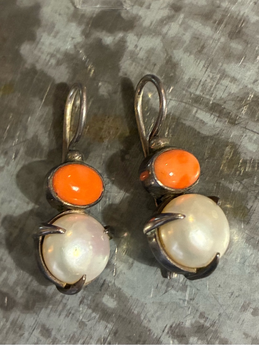 Vintage Sterling Silver Pearl & Coral Drop Earrings Estate Jewelry